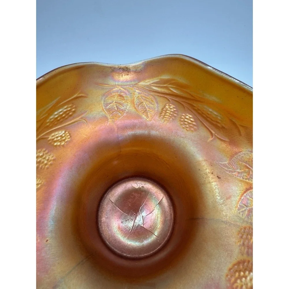 Vintage Orange Carnival Glass Hat Vase - BlackBerry Spray Pattern - Fenton